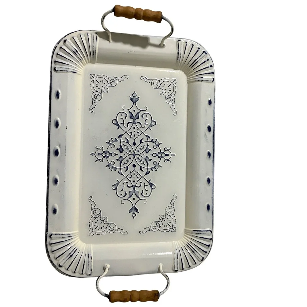 CBK Inspired Home Metal Serving Try White Blue Medallion Wood Handles Distressed